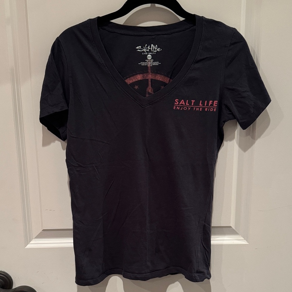 Salt Life Dark Gray V-Neck Tee with Red Accent